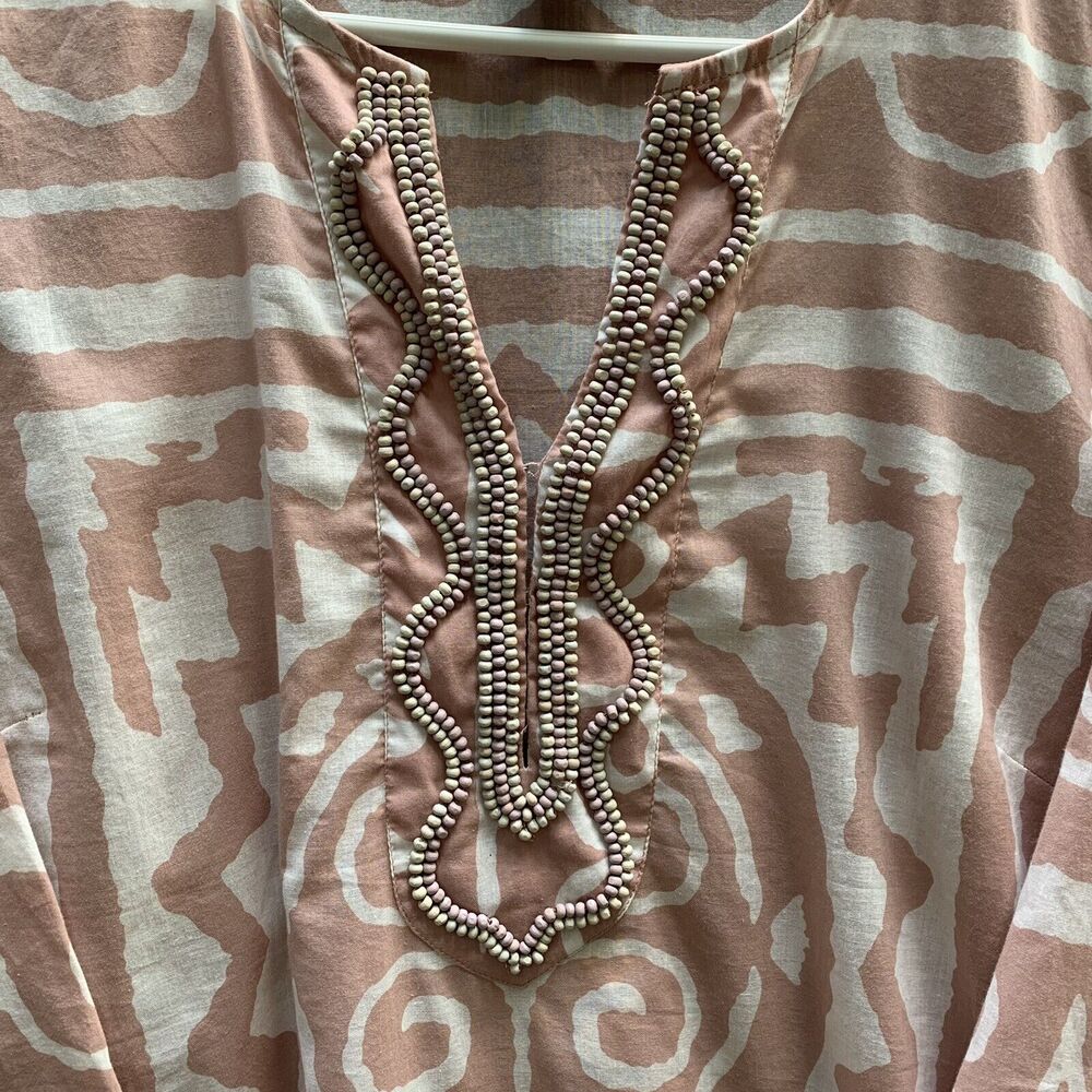 Soft Surroundings Pink White Tribal Top Tunic Cover Up Beaded Hook Closure Large - Picture 2 of 8